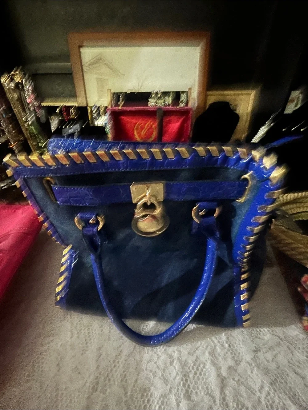Blue & Black Designer-Style Satchel Handbag – Gold Tone Hardware – Unbranded